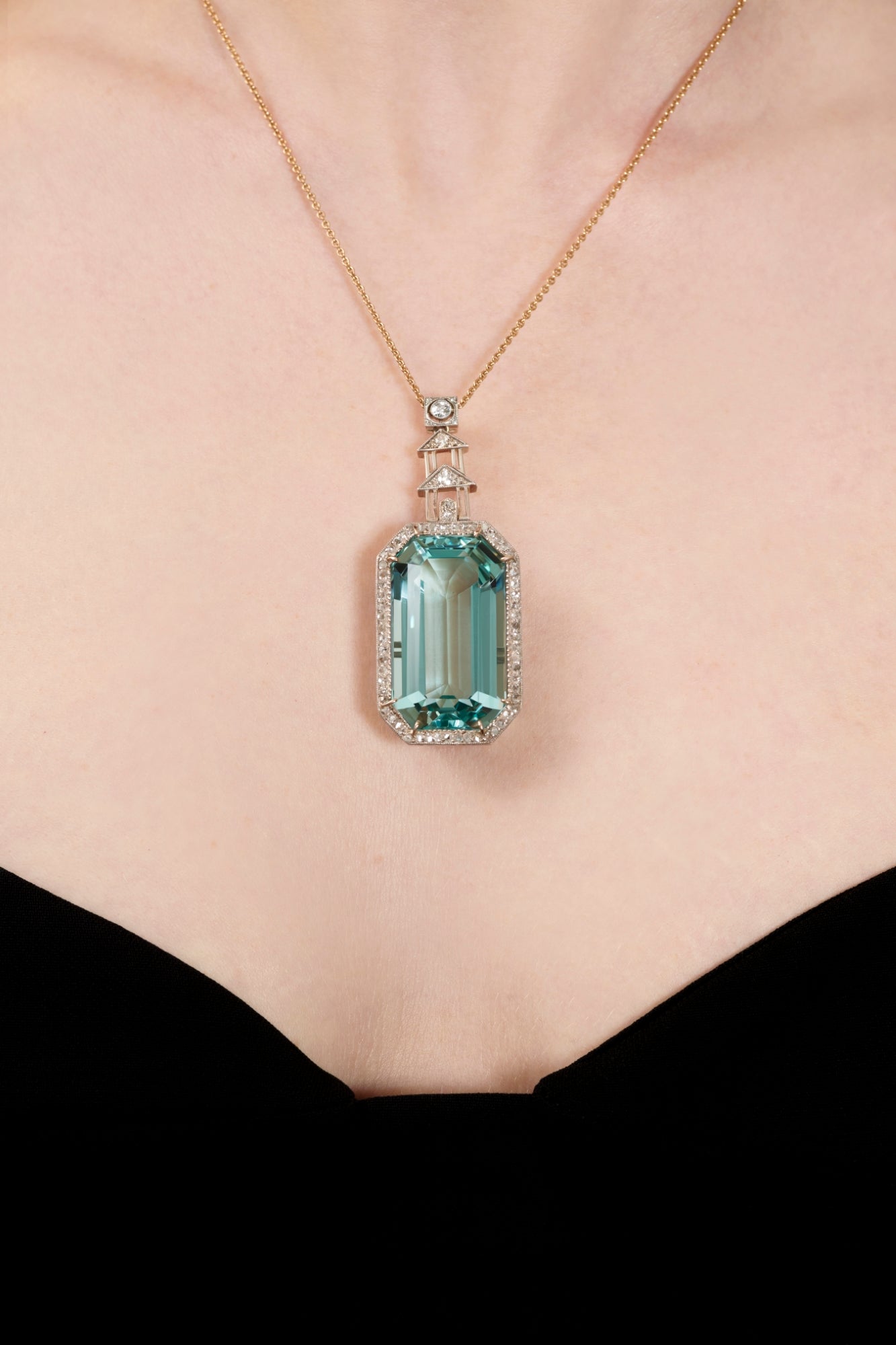 A Magnificent 1920s Aquamarine & Diamond Pendant