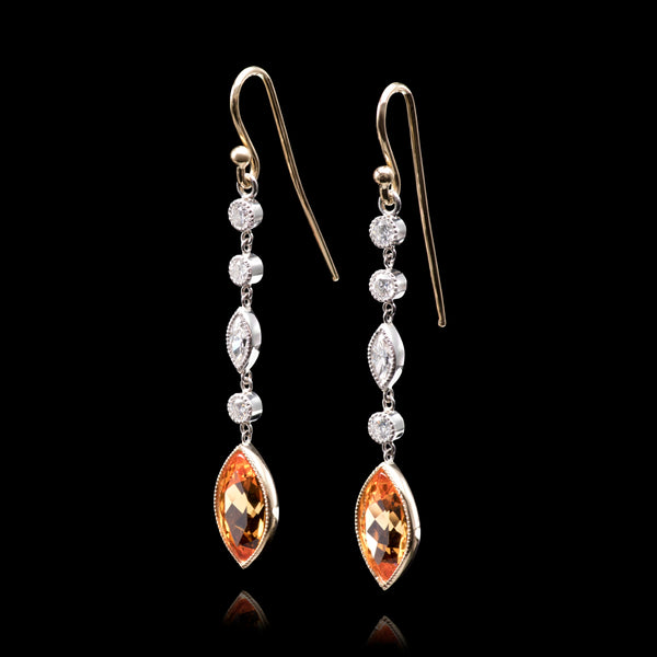 A pair of navette Mandarin Garnet & Diamond Drop Earrings