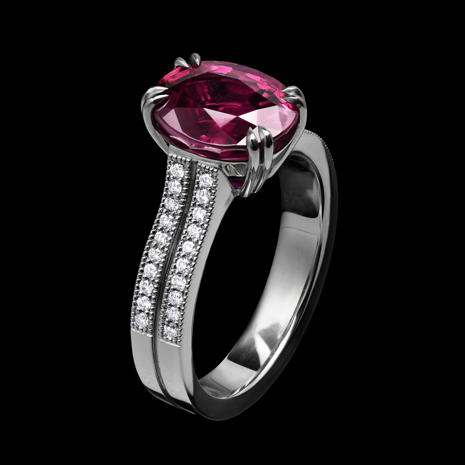 A Very Beautiful Ruby Single Stone Ring with Twin Diamond Set Rail Shoulders