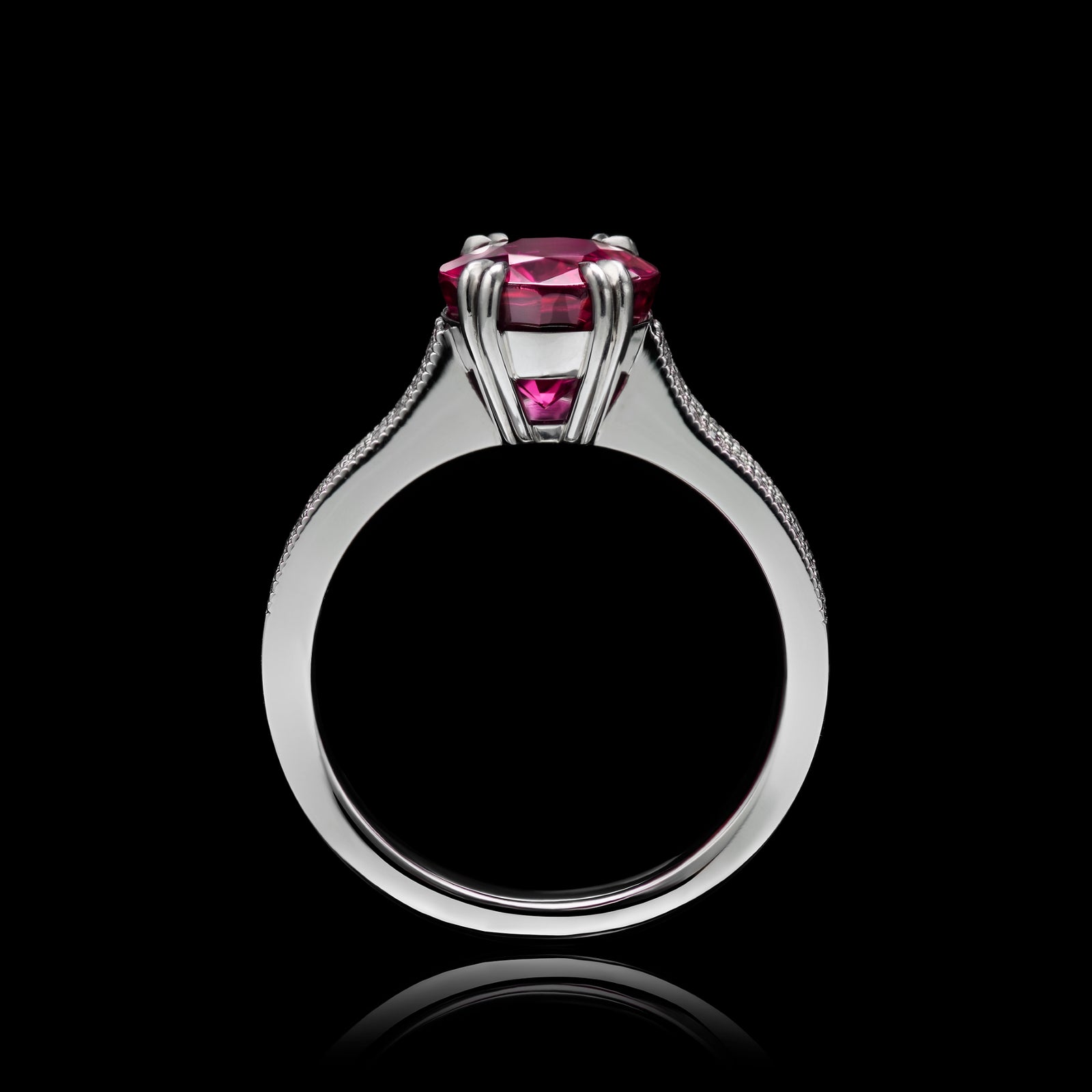 A Very Beautiful Ruby Single Stone Ring with Twin Diamond Set Rail Shoulders