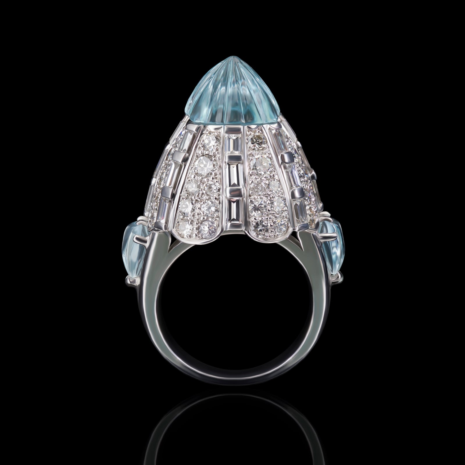 'The Comet' A Spectacular Carved Aquamarine & Diamond Cluster Cocktail Ring