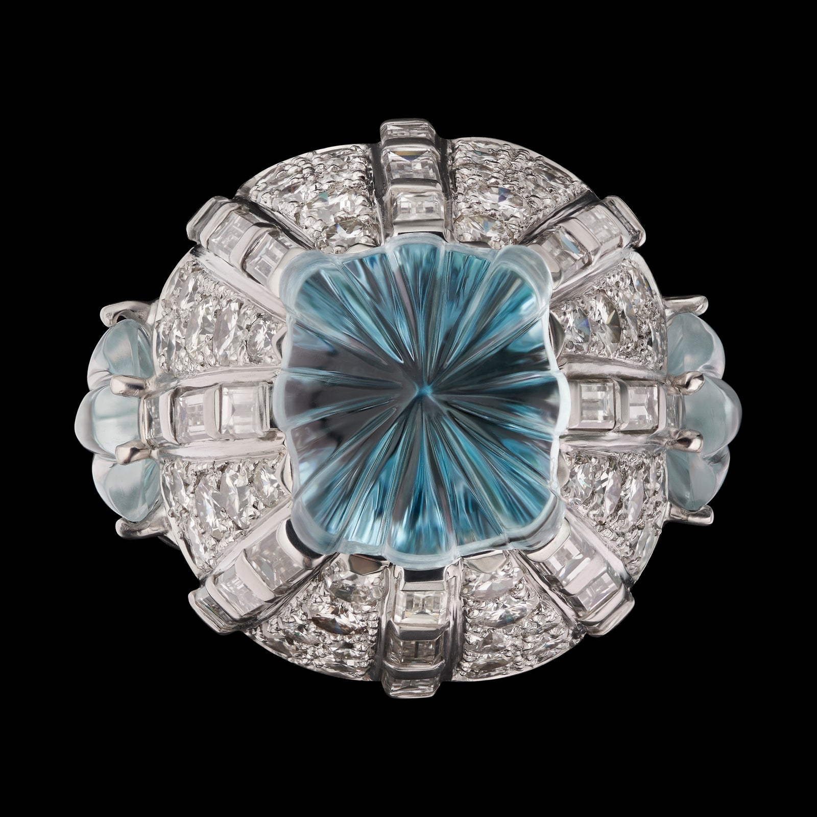'The Comet' A Spectacular Carved Aquamarine & Diamond Cluster Cocktail Ring