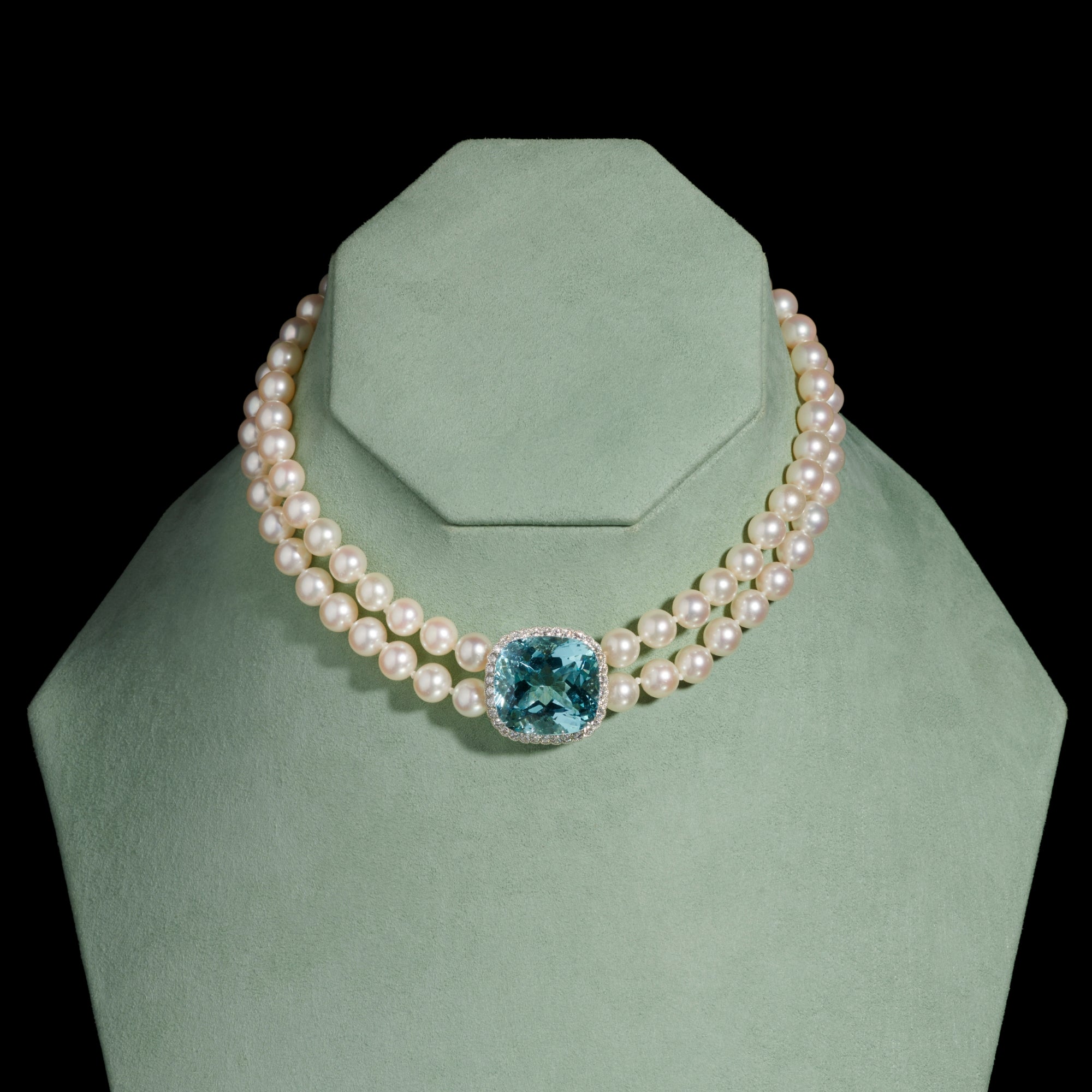 An Exceptional Quality Aquamarine, Diamond Cultured Pearl two row co