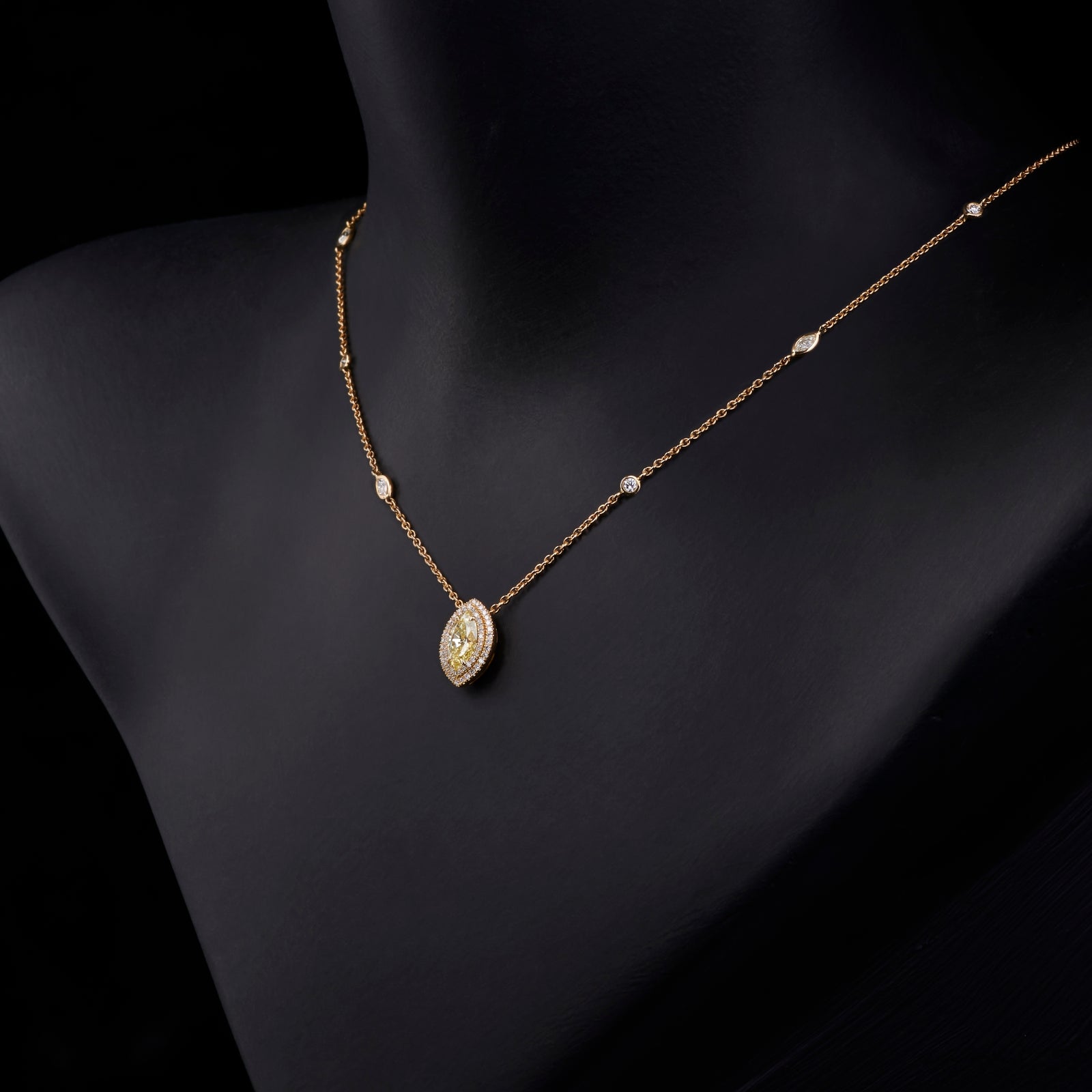 A Navette Fancy Yellow & White Diamond Cluster Pendant