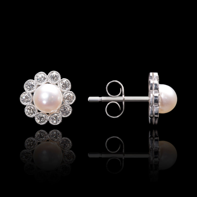Pearl & Diamond Cluster Earrings