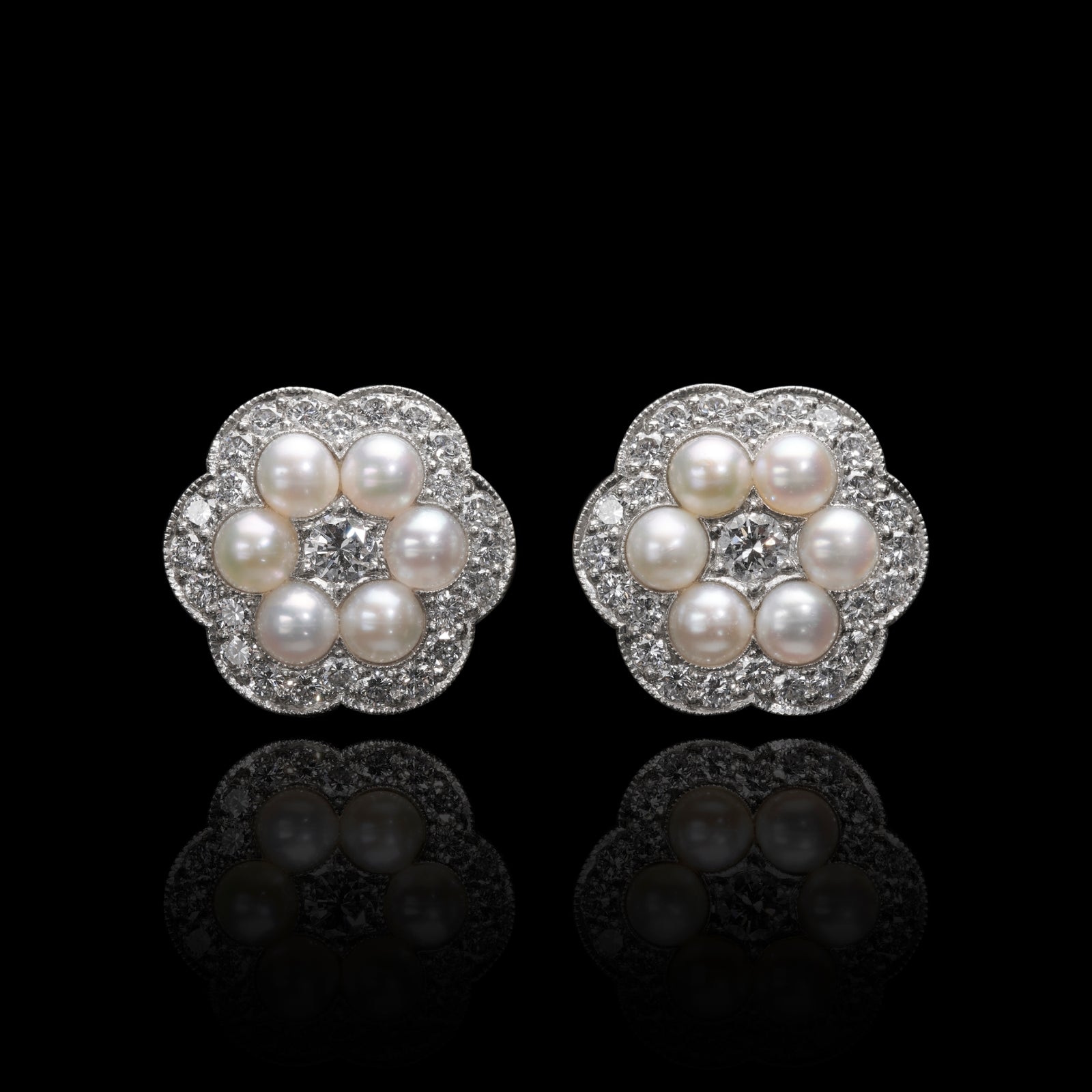 A Unique Pair of Natural Pearl & Diamond Cluster Earrings