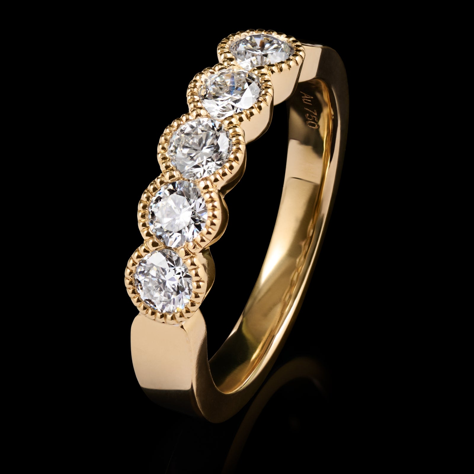 A Diamond Five Stone Half Hoop Half Eternity Ring with Scalloped Edge Settings