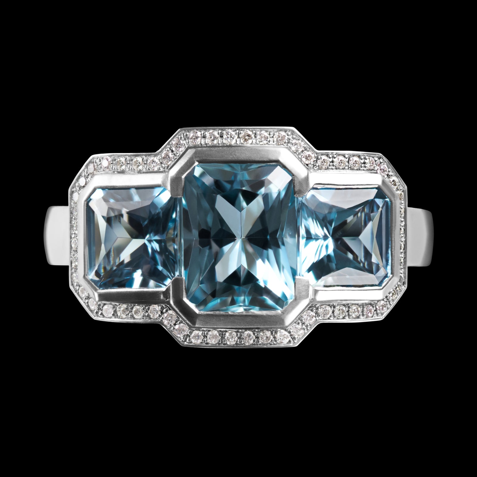 A Three Stone Aquamarine & Diamond Cluster Ring