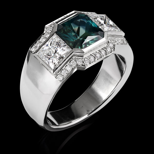 A Unique Teal Sapphire & Princess Cut Diamond Cluster Ring