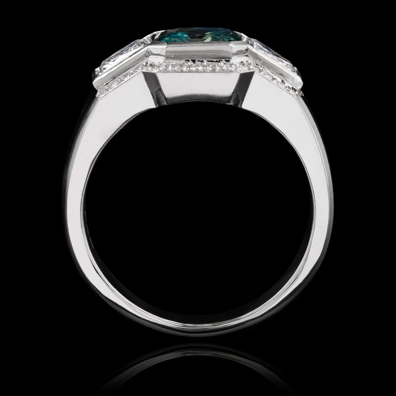 A Unique Teal Sapphire & Princess Cut Diamond Cluster Ring