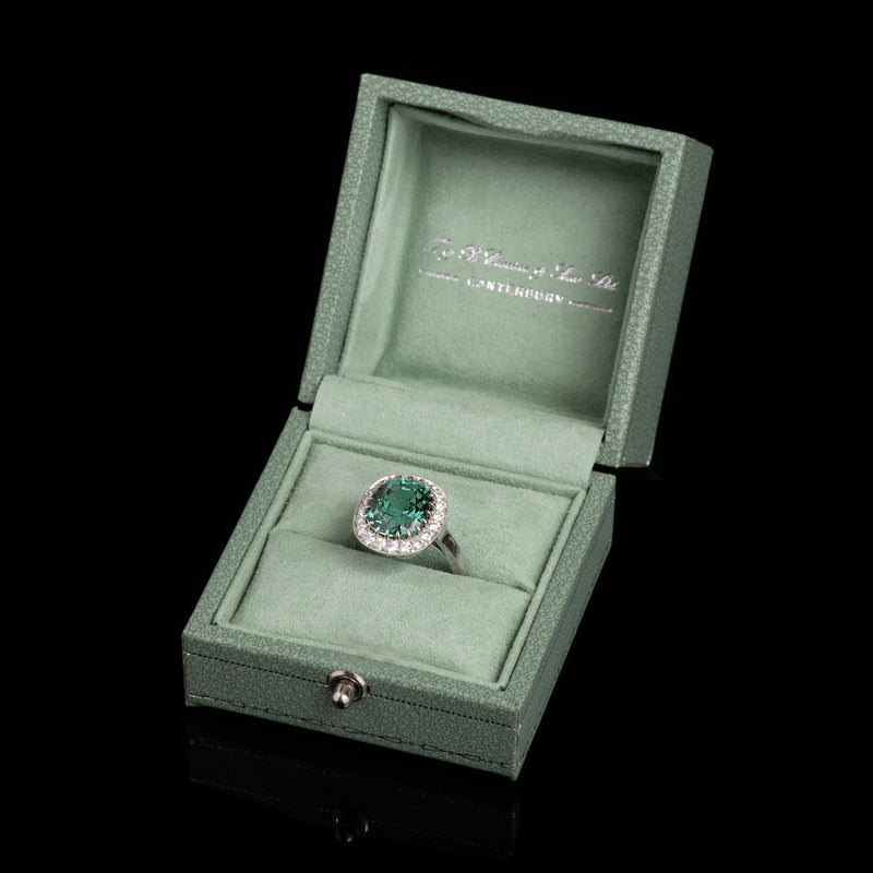 A Very Special Lagoon Green Tourmaline & Diamond Cluster Ring