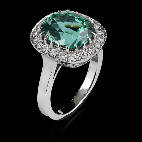 A Very Special Lagoon Green Tourmaline & Diamond Cluster Ring
