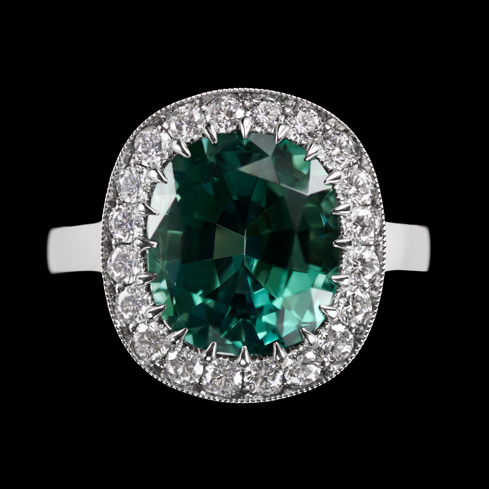 A Very Special Lagoon Green Tourmaline & Diamond Cluster Ring