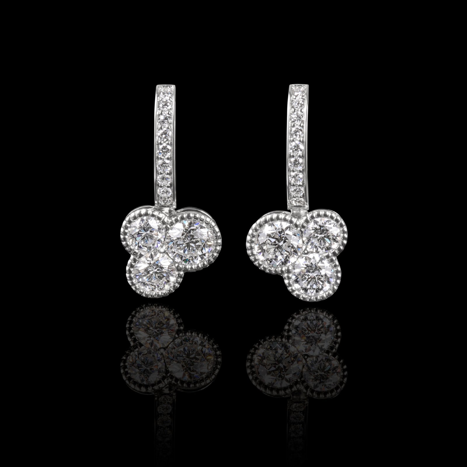 A Pair of Diamond Trefoil Drop Earrings with Diamond Set Hook Fittings