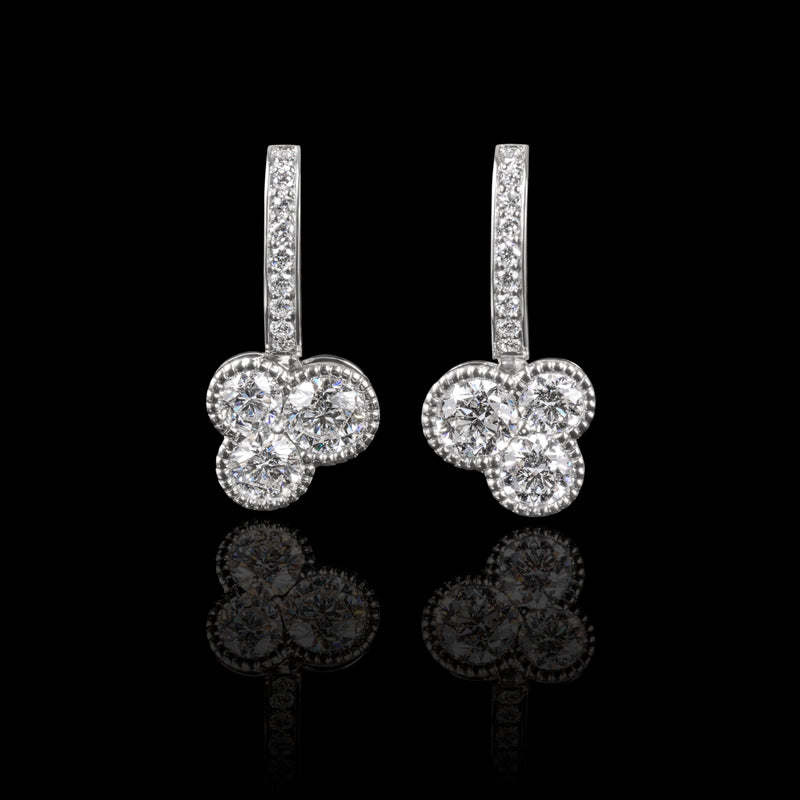 A Pair of Diamond Trefoil Drop Earrings with Diamond Set Hook Fittings