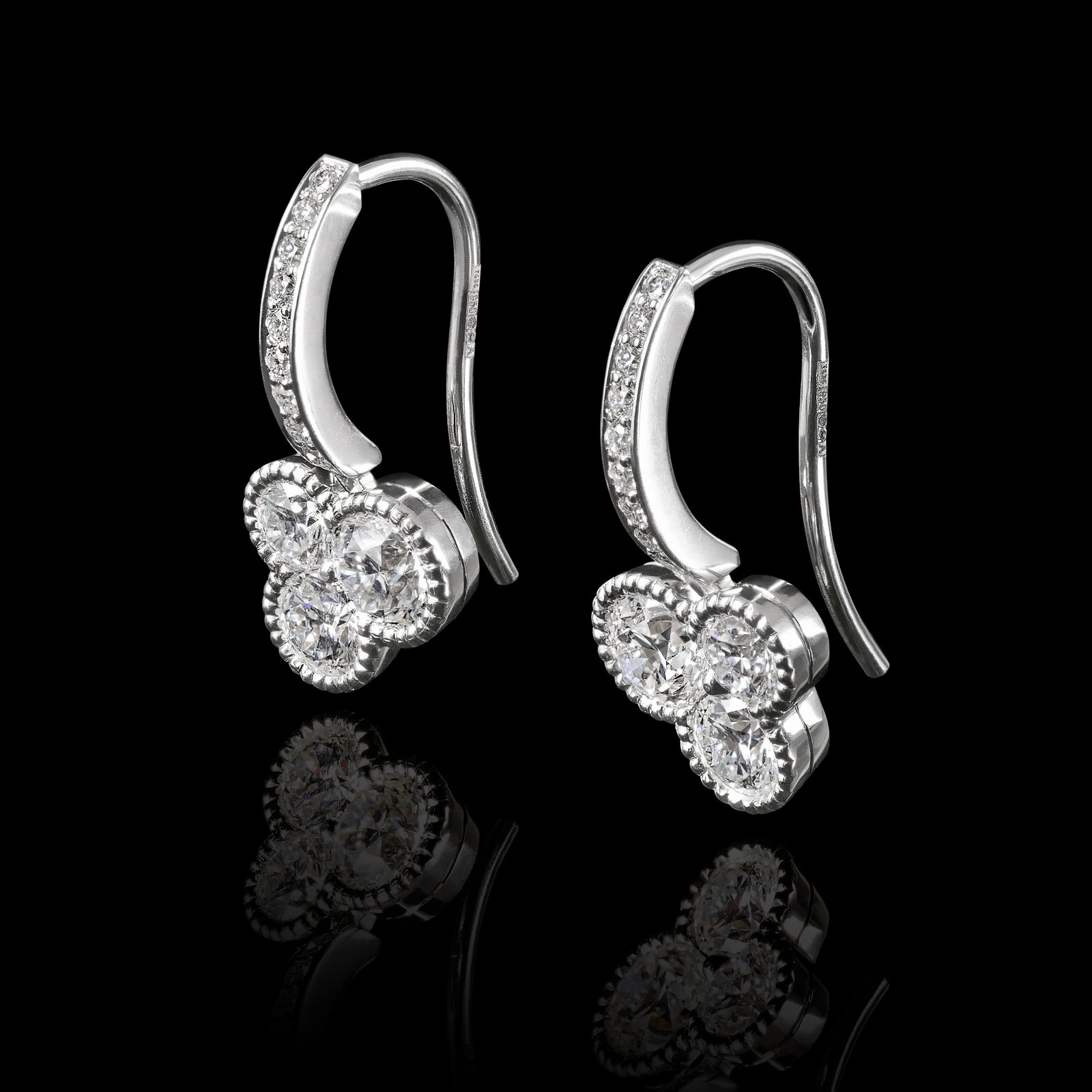 A Pair of Diamond Trefoil Drop Earrings with Diamond Set Hook Fittings