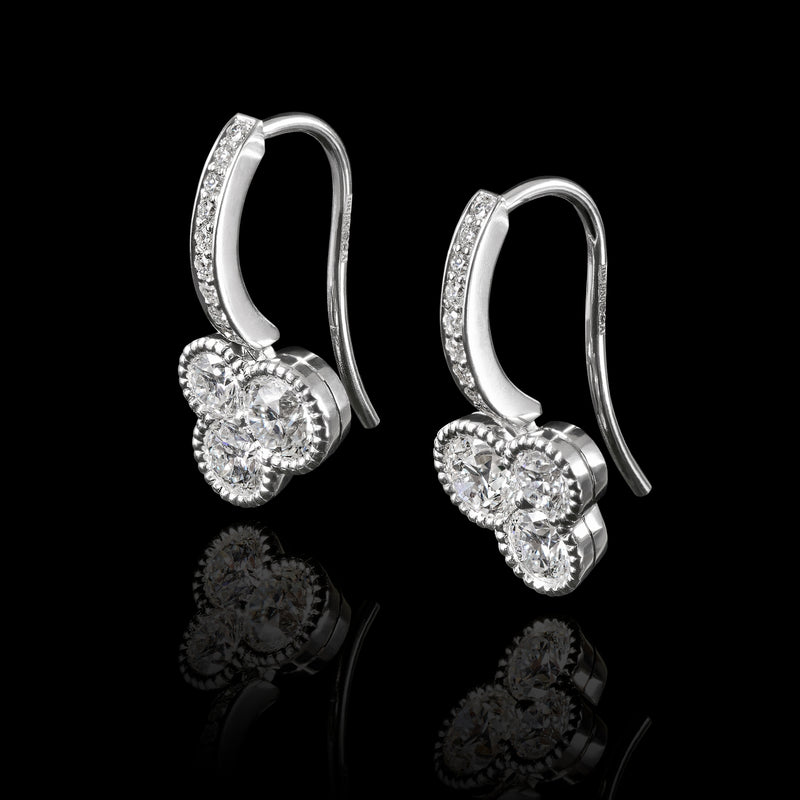 A Pair of Diamond Trefoil Drop Earrings with Diamond Set Hook Fittings