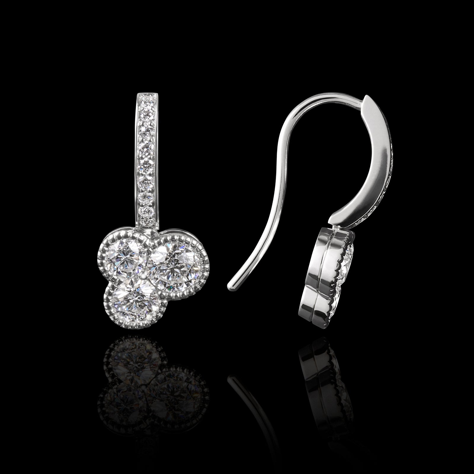 A Pair of Diamond Trefoil Drop Earrings with Diamond Set Hook Fittings