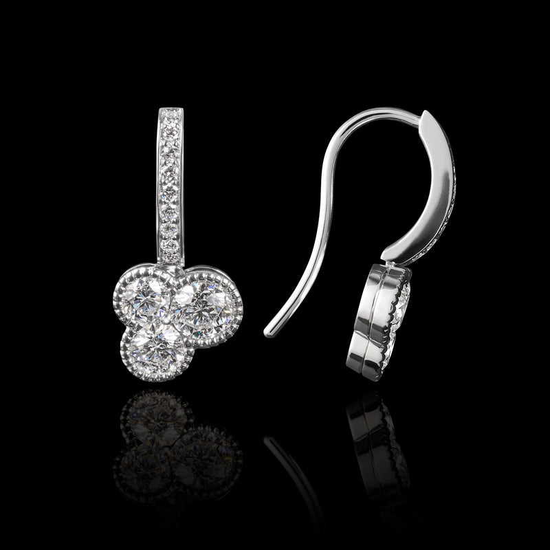 A Pair of Diamond Trefoil Drop Earrings with Diamond Set Hook Fittings