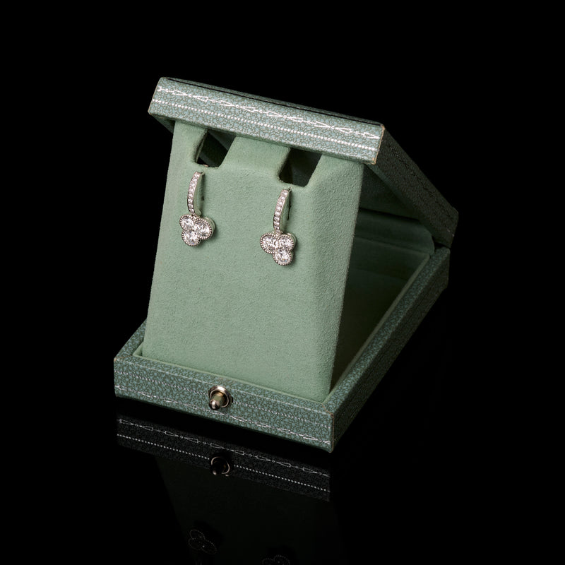 A Pair of Diamond Trefoil Drop Earrings with Diamond Set Hook Fittings