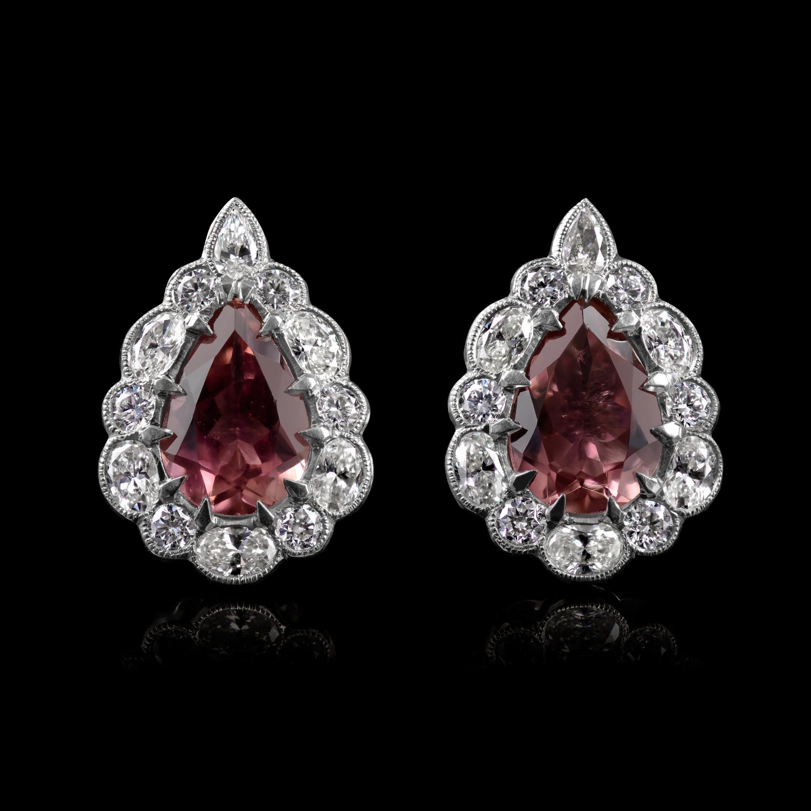 A Pair of Unique Cousins Pink Tourmaline & Diamond Pendalogue Stud Earrings