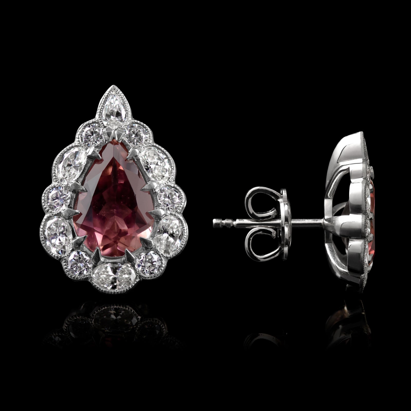 A Pair of Unique Cousins Pink Tourmaline & Diamond Pendalogue Stud Earrings