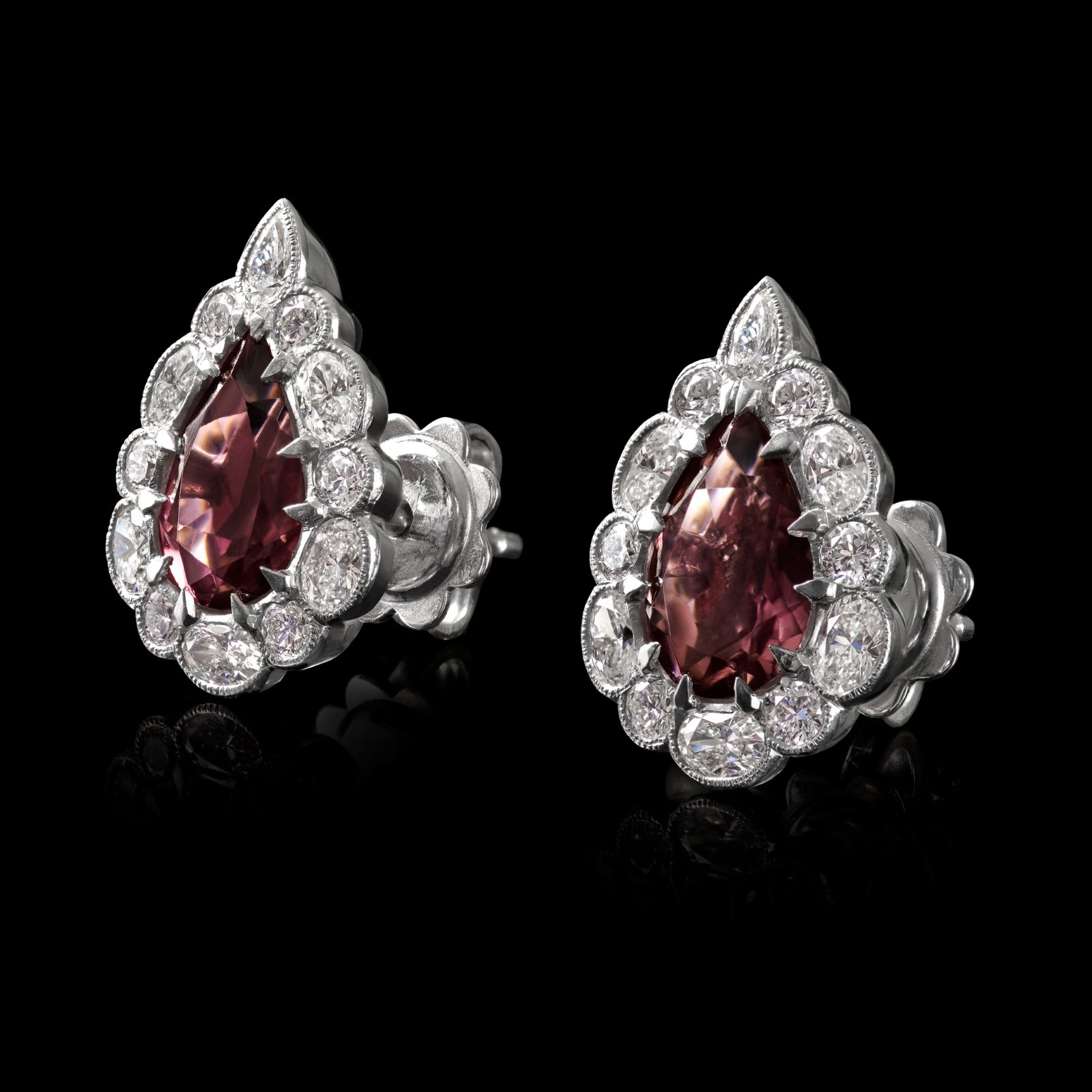 A Pair of Unique Cousins Pink Tourmaline & Diamond Pendalogue Stud Earrings