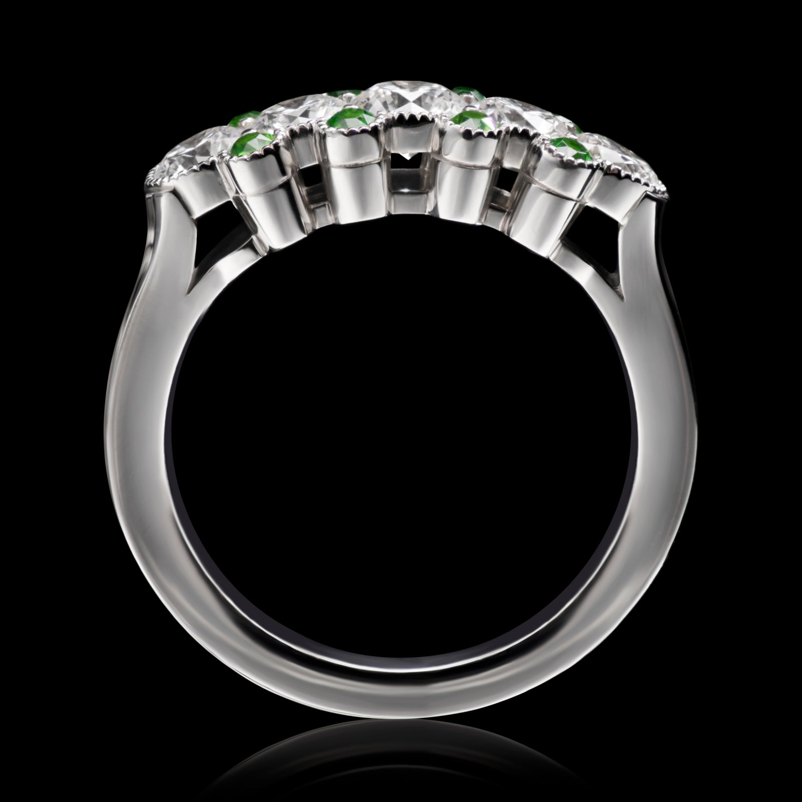 A Cousins Diamond Five Stone Half Hoop Ring with Demantoid Garnet Points