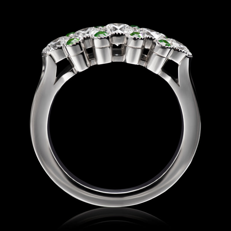 A Cousins Diamond Five Stone Half Hoop Ring with Demantoid Garnet Points