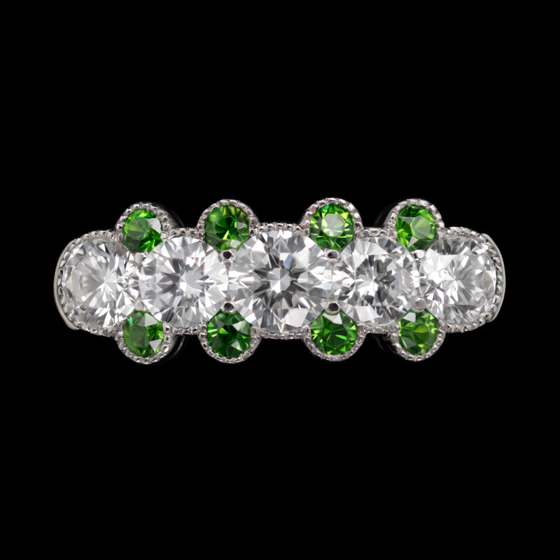 A Cousins Diamond Five Stone Half Hoop Ring with Demantoid Garnet Points