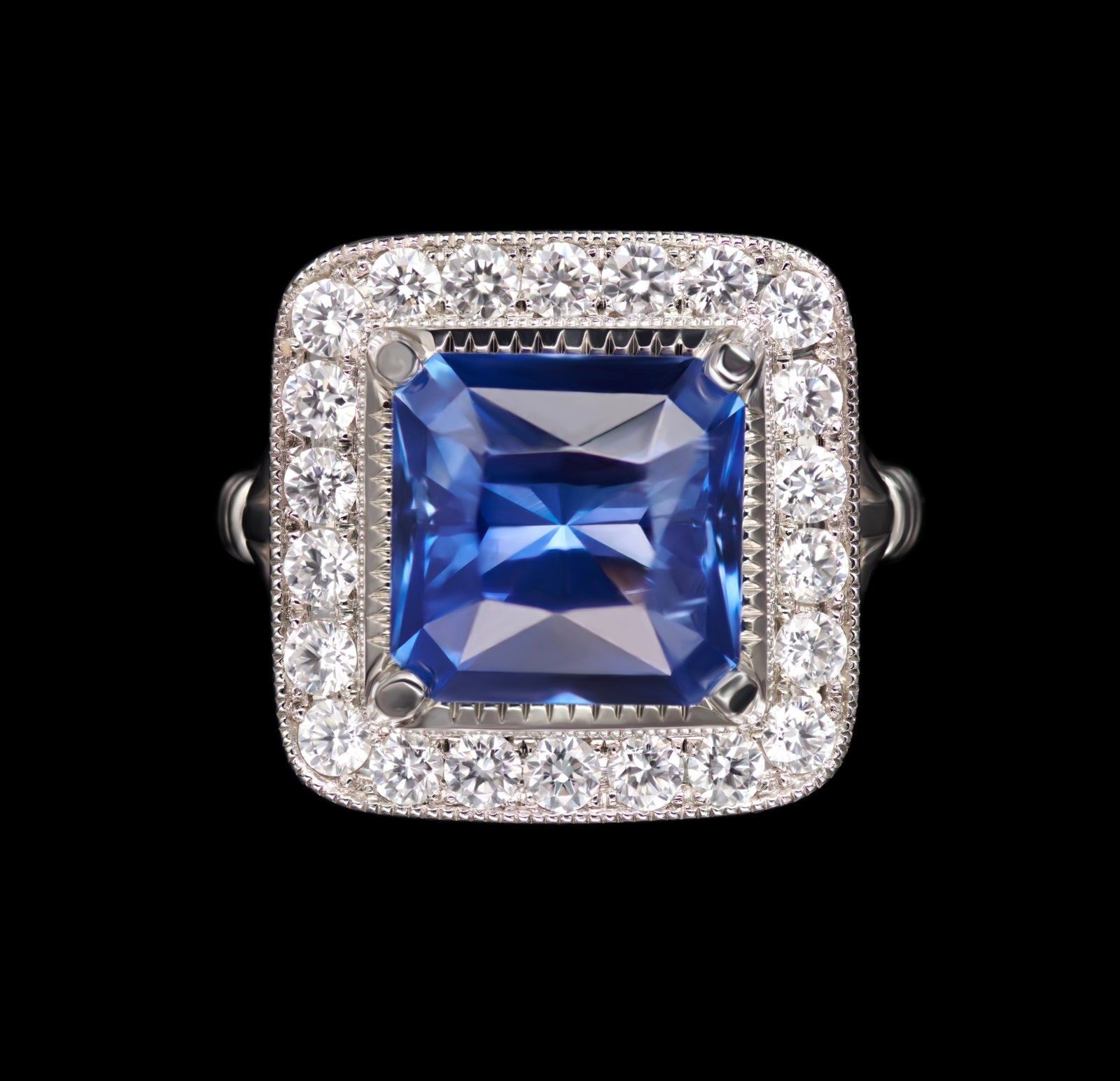 A Square Sapphire & Diamond Cluster Ring