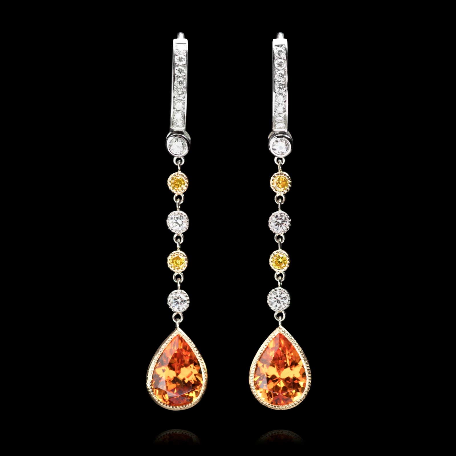 A pair of Rare Mandarin Garnet & White and Yellow Diamond drop earrings.