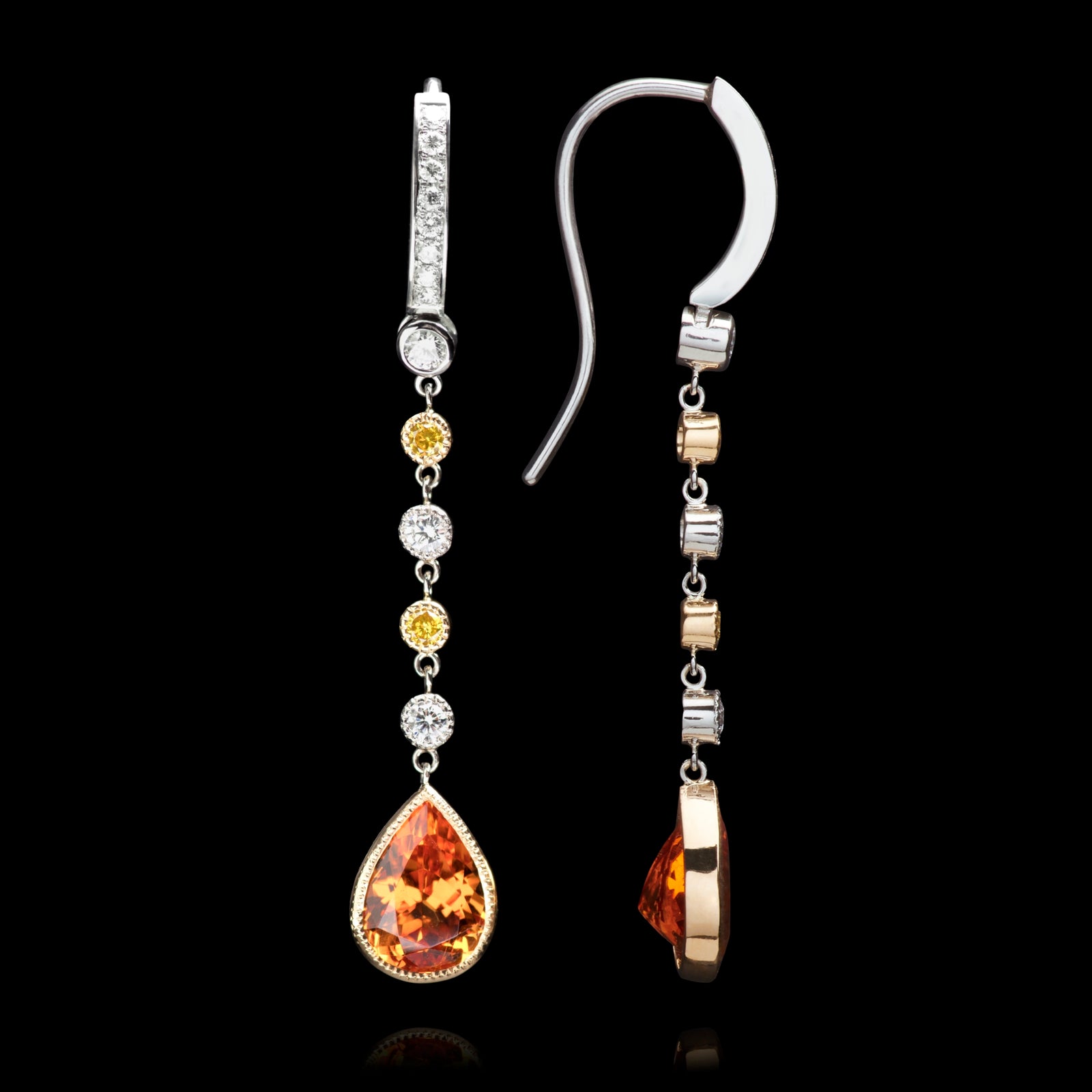 A pair of Rare Mandarin Garnet & White and Yellow Diamond drop earrings.