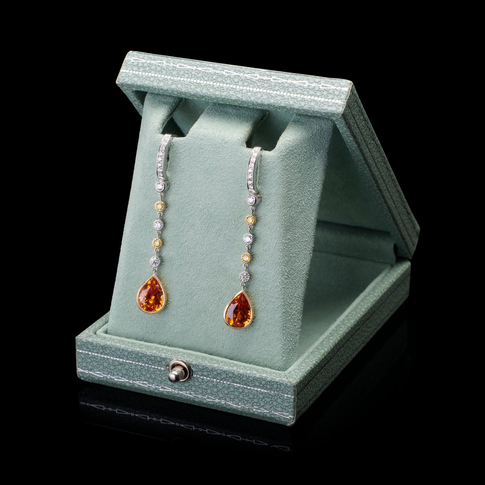 A pair of Rare Mandarin Garnet & White and Yellow Diamond drop earrings.