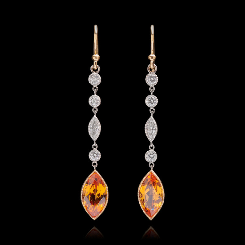 A pair of navette Mandarin Garnet & Diamond Drop Earrings