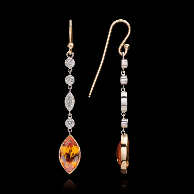 A pair of navette Mandarin Garnet & Diamond Drop Earrings