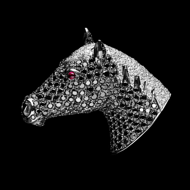 A Beautiful Black & White Diamond Horse Brooch