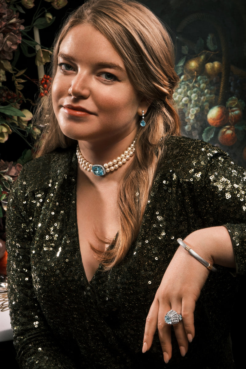 An Exceptional Quality Aquamarine, Diamond & Cultured Pearl two row collar necklet.