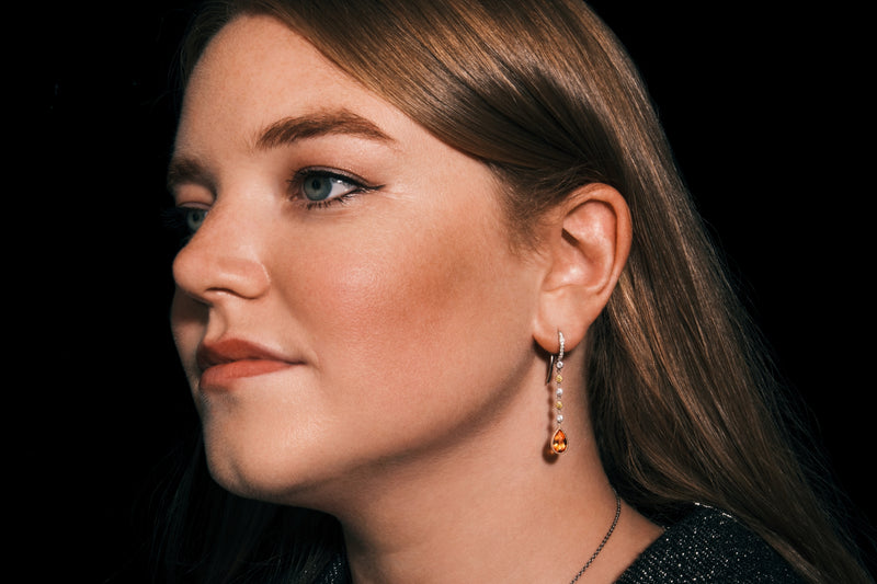 A pair of Rare Mandarin Garnet & White and Yellow Diamond drop earrings.