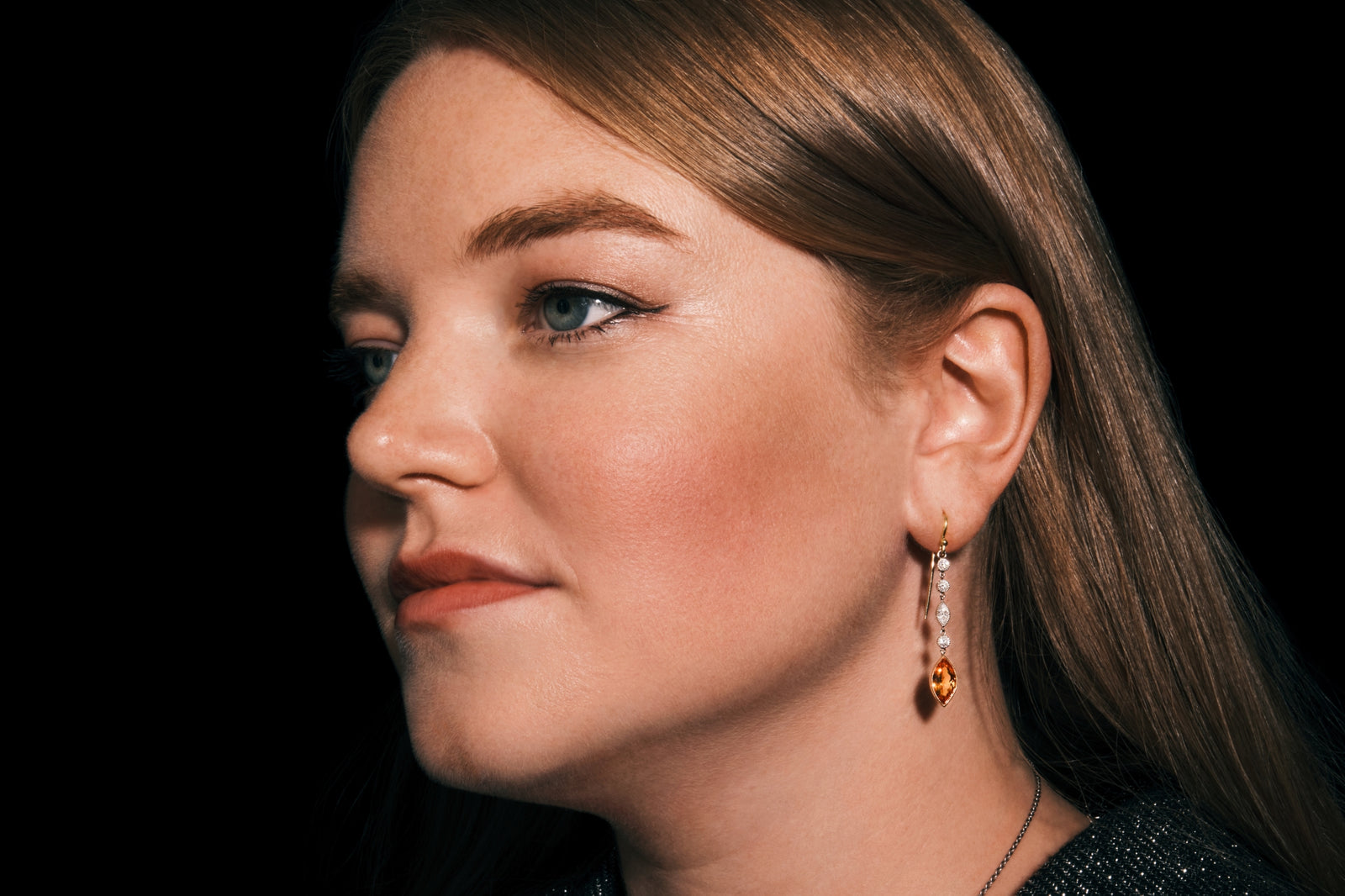 A pair of navette Mandarin Garnet & Diamond Drop Earrings