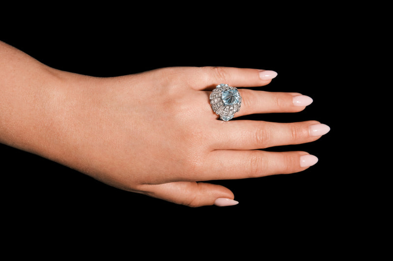 'The Comet' A Spectacular Carved Aquamarine & Diamond Cluster Cocktail Ring