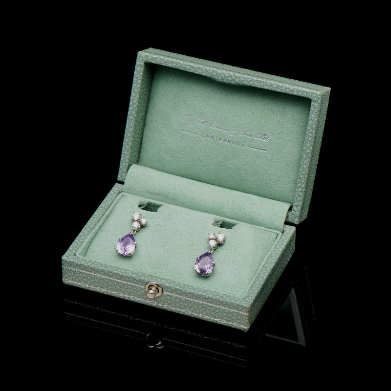 A pair of charming lilac sapphire & diamond drop earrings