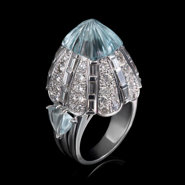 'The Comet' A Spectacular Carved Aquamarine & Diamond Cluster Cocktail Ring
