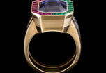 A Unique & Individual colour change Sapphire Ring with Emerald & Ruby surround.