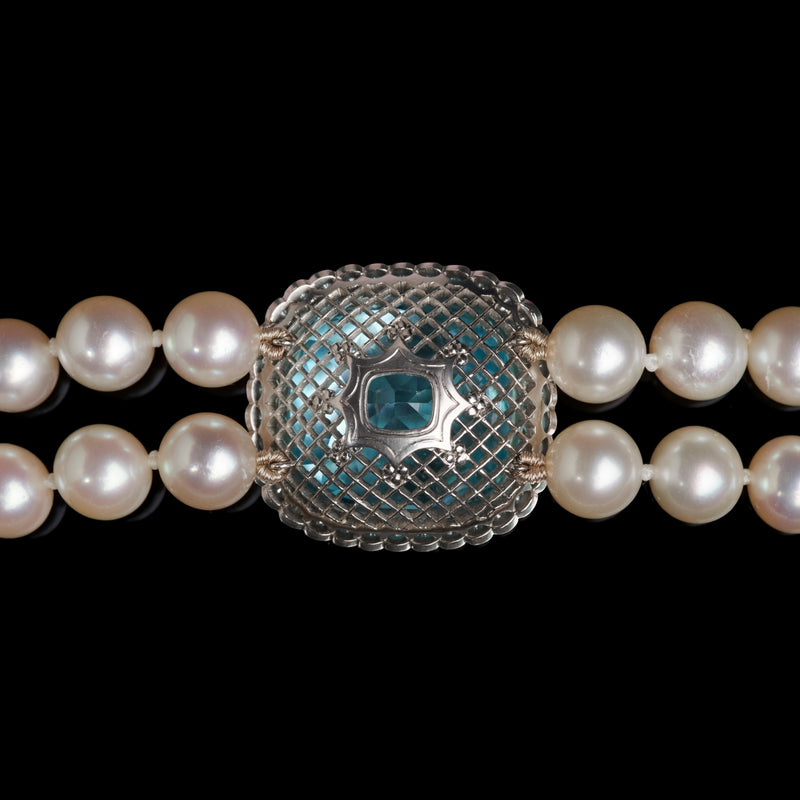 An Exceptional Quality Aquamarine, Diamond & Cultured Pearl two row collar necklet.