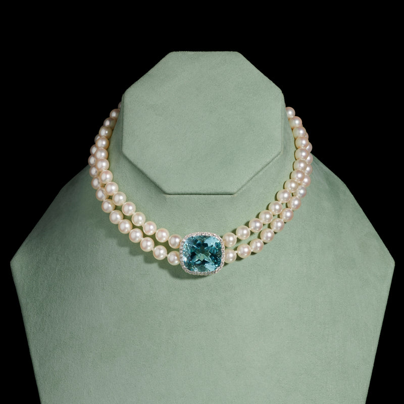 An Exceptional Quality Aquamarine, Diamond & Cultured Pearl two row collar necklet.