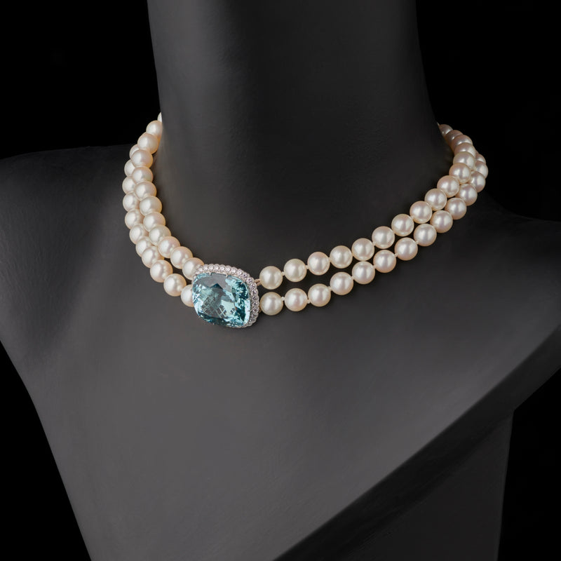 An Exceptional Quality Aquamarine, Diamond & Cultured Pearl two row collar necklet.