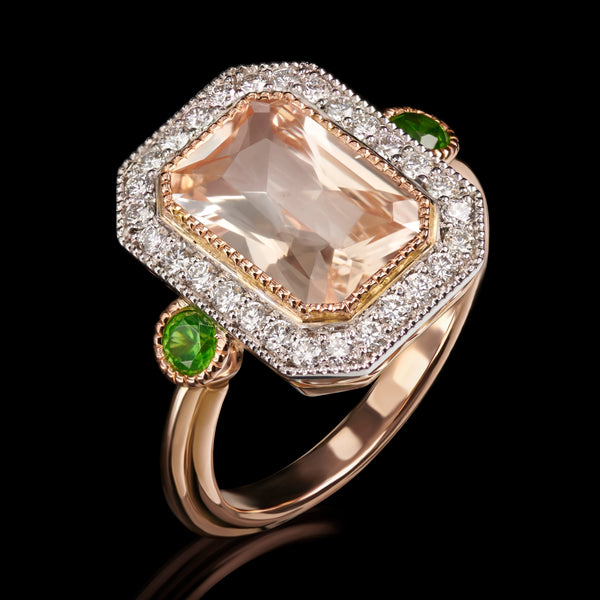 A Unique & Lovely peach Sapphire & Diamond cluster ring with Demantoid Garnet Shoulders