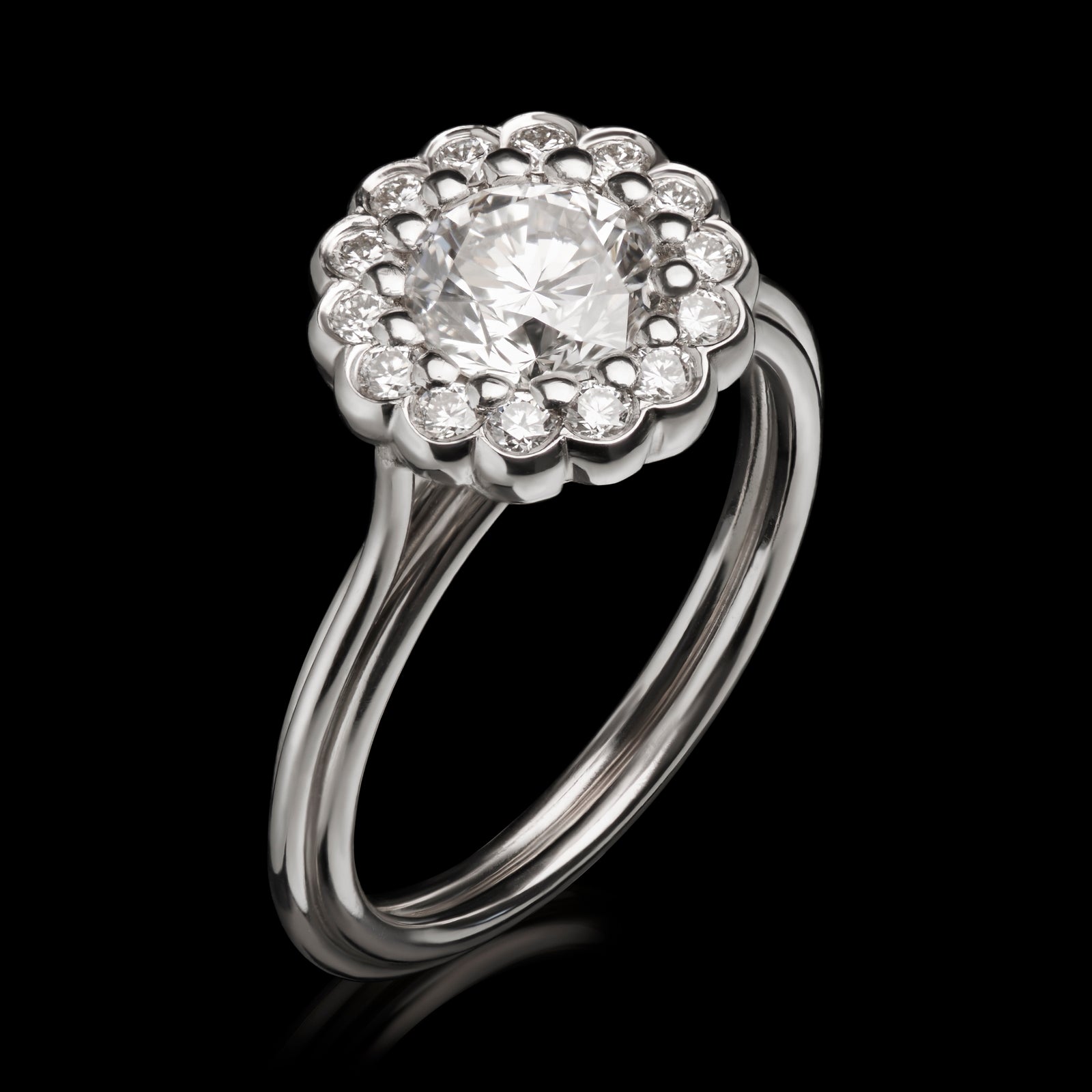 A unique all Diamond Cluster ring with Campana Basket back