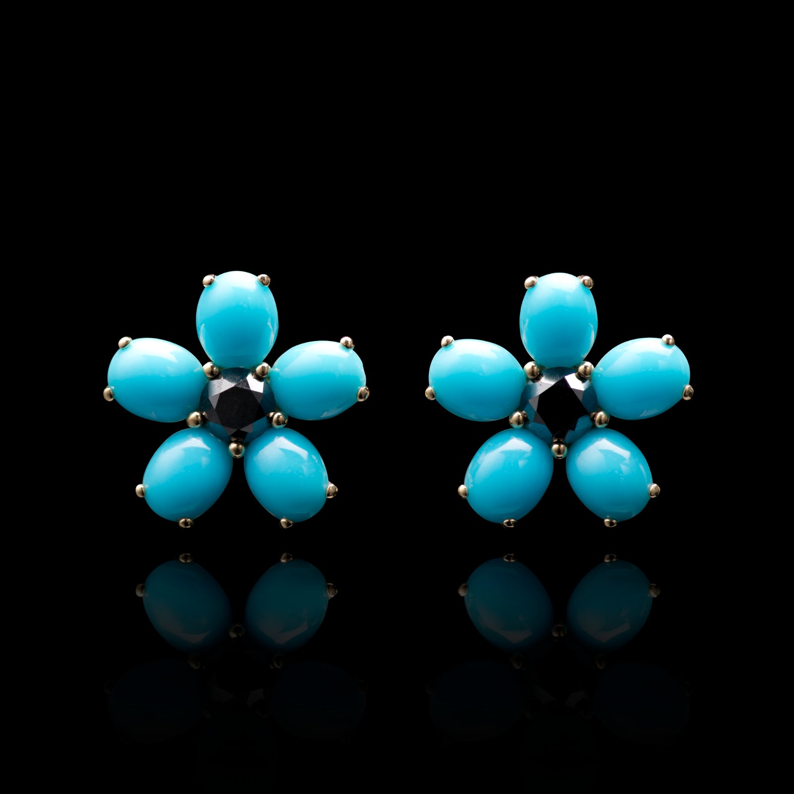 Wild Flower Turquoise and Black Diamond Cluster Earrings